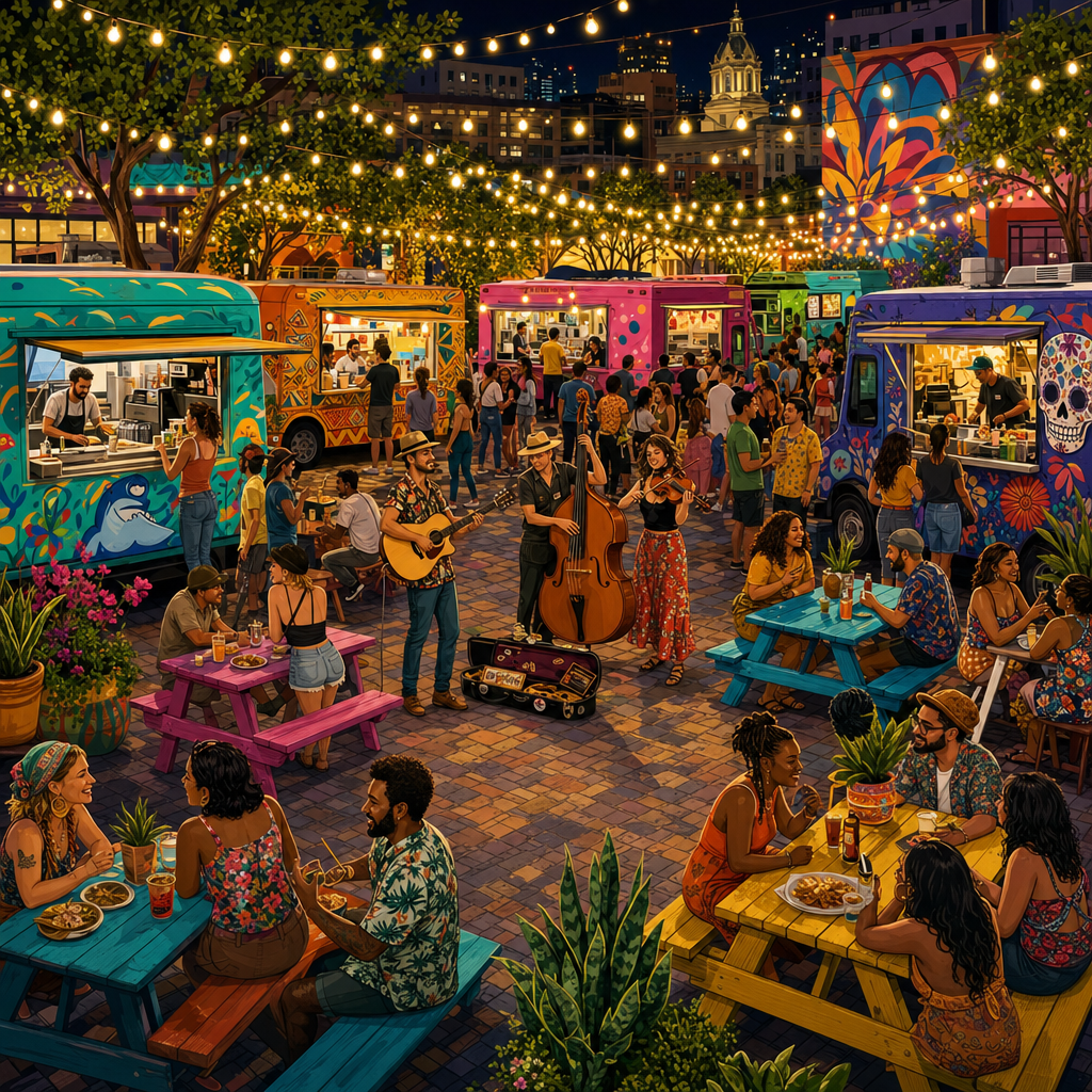 Flat Illustration of A plaza packed with colorful food trucks, picnic tables, string lights and street musicians, at night lit by strings of festival lights. Square 1:1 composition, edge-to-edge detail, no large uniform or empty areas, high local color contrast in every region -- image will be cut into a 5x5 grid puzzle.