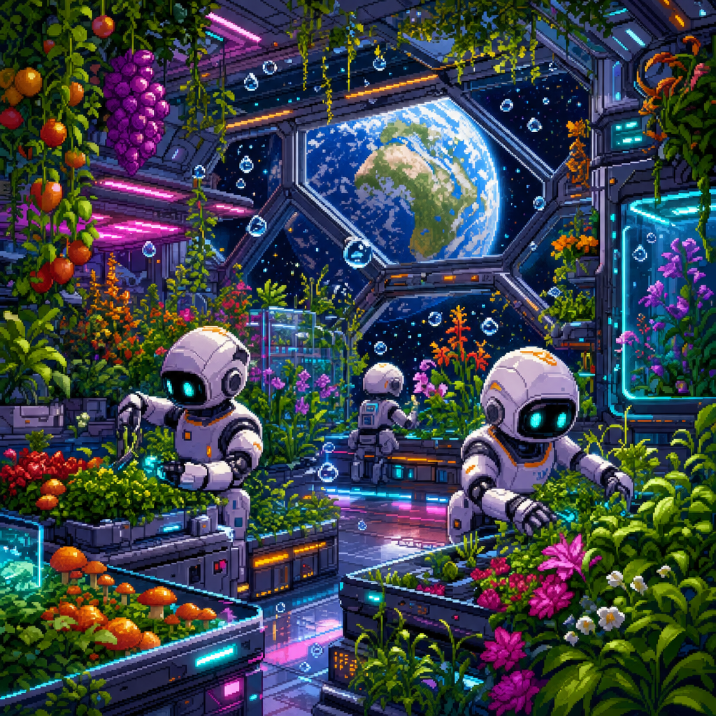 Pixel Art of A space station greenhouse with Earth in the window, floating droplets and robot gardeners, accented with vivid neon color highlights. Square 1:1 composition, edge-to-edge detail, no large uniform or empty areas, high local color contrast in every region -- image will be cut into a 5x5 grid puzzle.
