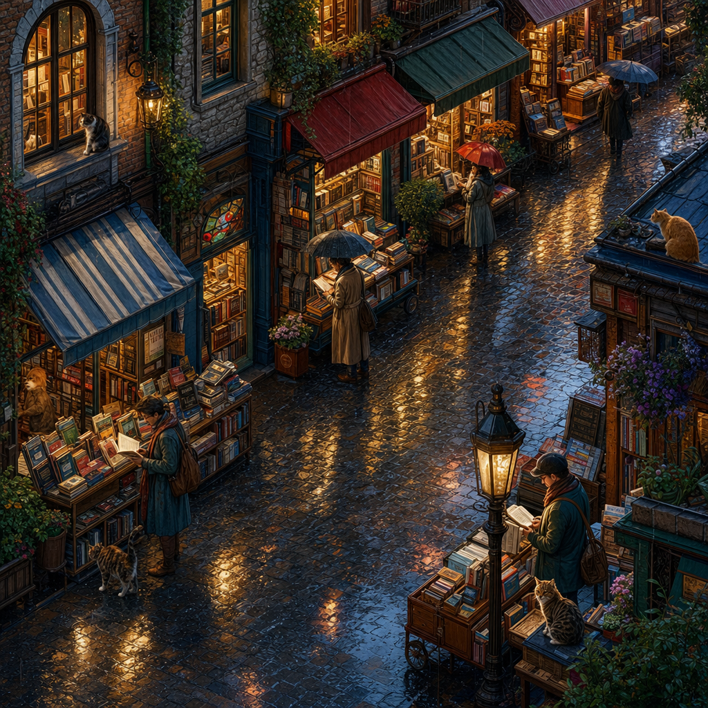 Isometric Diorama of A street of overflowing bookshops with outdoor carts, awnings, readers and cats in windows, in gentle rain with glistening reflections everywhere. Square 1:1 composition, edge-to-edge detail, no large uniform or empty areas, high local color contrast in every region -- image will be cut into a 5x5 grid puzzle.