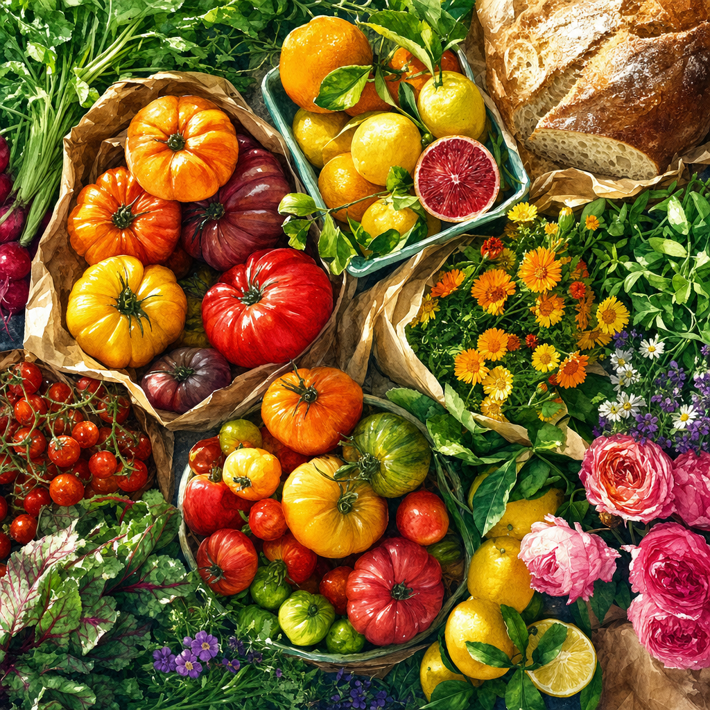 Watercolor of A flat-lay of market produce: heirloom tomatoes, citrus, greens, flowers and bread, flooded with warm slanting sunlight. Square 1:1 composition, edge-to-edge detail, no large uniform or empty areas, high local color contrast in every region -- image will be cut into a 5x5 grid puzzle.