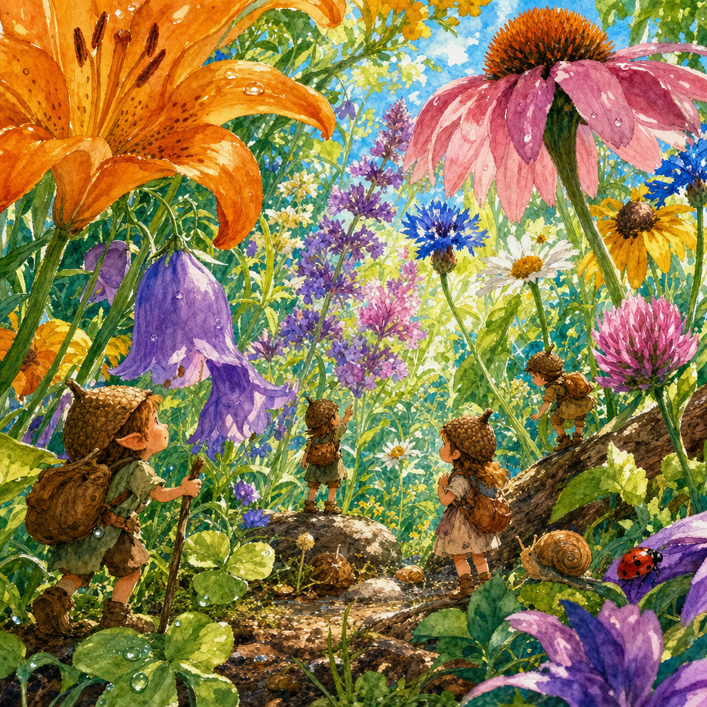 Watercolor of A garden where flowers tower like trees over tiny explorers with acorn-cap hats, in bright high-summer sunshine and saturated color. Square 1:1 composition, edge-to-edge detail, no large uniform or empty areas, high local color contrast in every region -- image will be cut into a 5x5 grid puzzle.