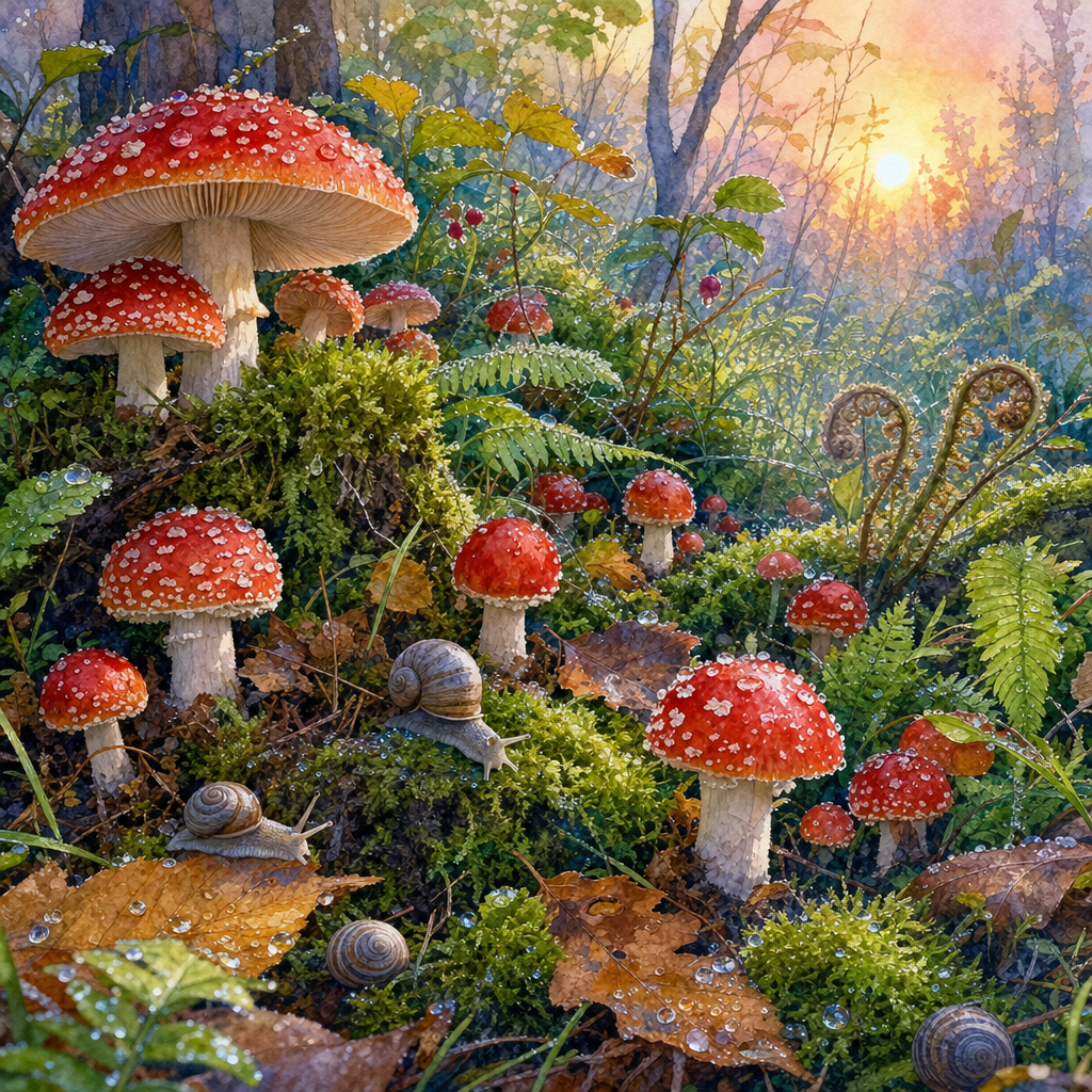 Watercolor of A mossy forest floor crowded with red-capped mushrooms, ferns, snails and dew drops, at soft pastel dawn with long cool shadows. Square 1:1 composition, edge-to-edge detail, no large uniform or empty areas, high local color contrast in every region -- image will be cut into a 5x5 grid puzzle.