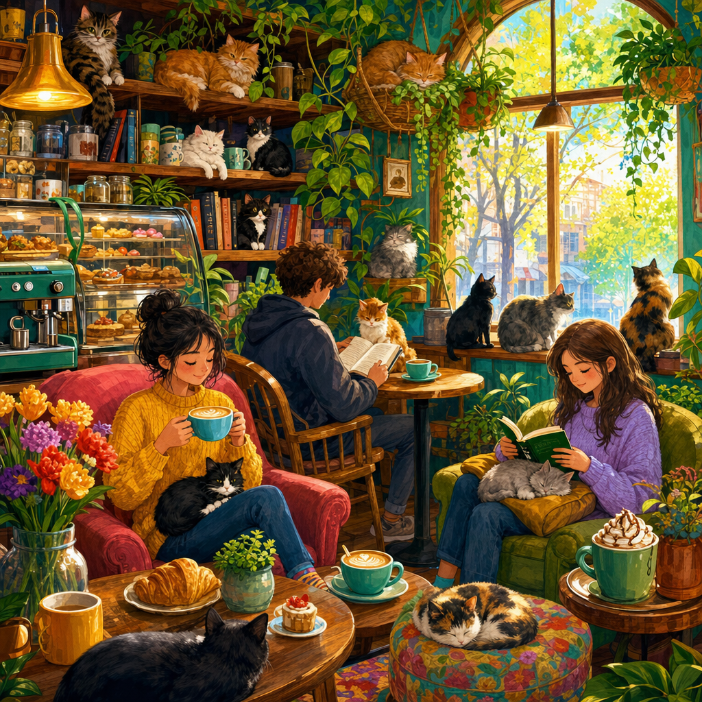 Gouache Storybook of A cozy cafe interior with cats on every shelf, latte art, plants and readers, in maximum-saturation vibrant color. Square 1:1 composition, edge-to-edge detail, no large uniform or empty areas, high local color contrast in every region -- image will be cut into a 5x5 grid puzzle.