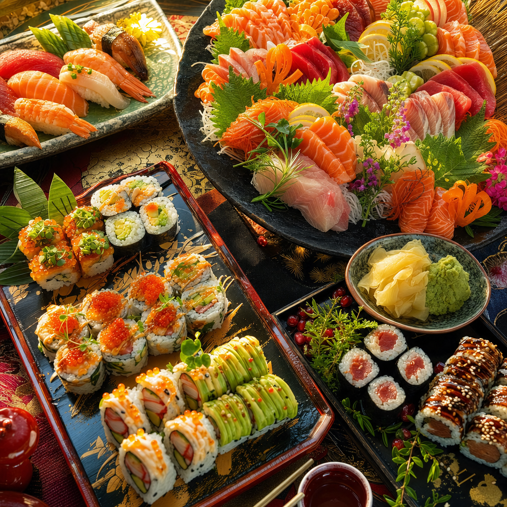 Vivid Photography of An overhead spread of sushi rolls, sashimi, wasabi, pickled ginger and lacquer trays, flooded with warm slanting sunlight. Square 1:1 composition, edge-to-edge detail, no large uniform or empty areas, high local color contrast in every region -- image will be cut into a 5x5 grid puzzle.