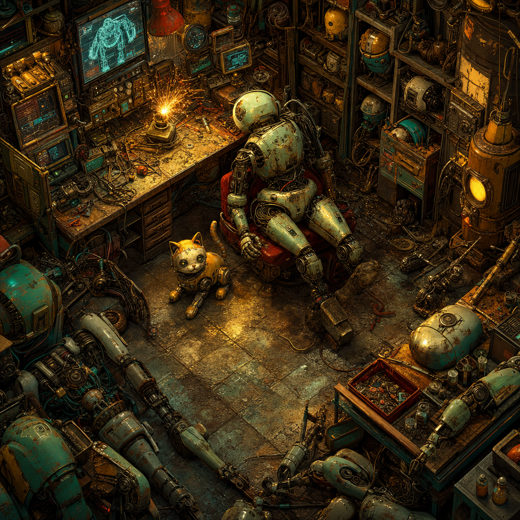 Isometric Diorama of A cluttered robot repair shop with sparking tools, spare limbs, screens and a cat-bot, aged and weathered with rich patina and warm light. Square 1:1 composition, edge-to-edge detail, no large uniform or empty areas, high local color contrast in every region -- image will be cut into a 5x5 grid puzzle.