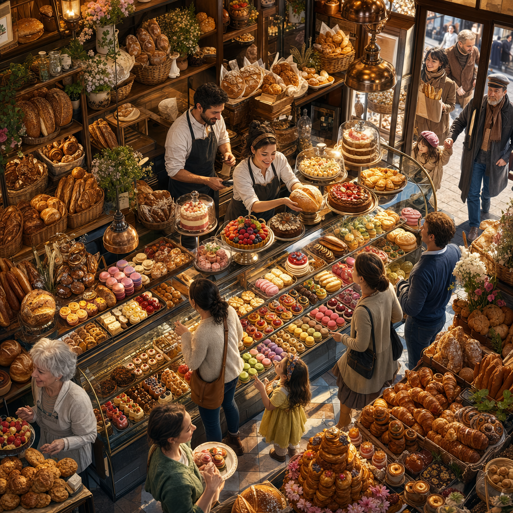 Isometric Diorama of A bakery case bursting with breads, tarts, macarons and cakes, flour dust in the light, at its busiest, packed with lively detail. Square 1:1 composition, edge-to-edge detail, no large uniform or empty areas, high local color contrast in every region -- image will be cut into a 5x5 grid puzzle.