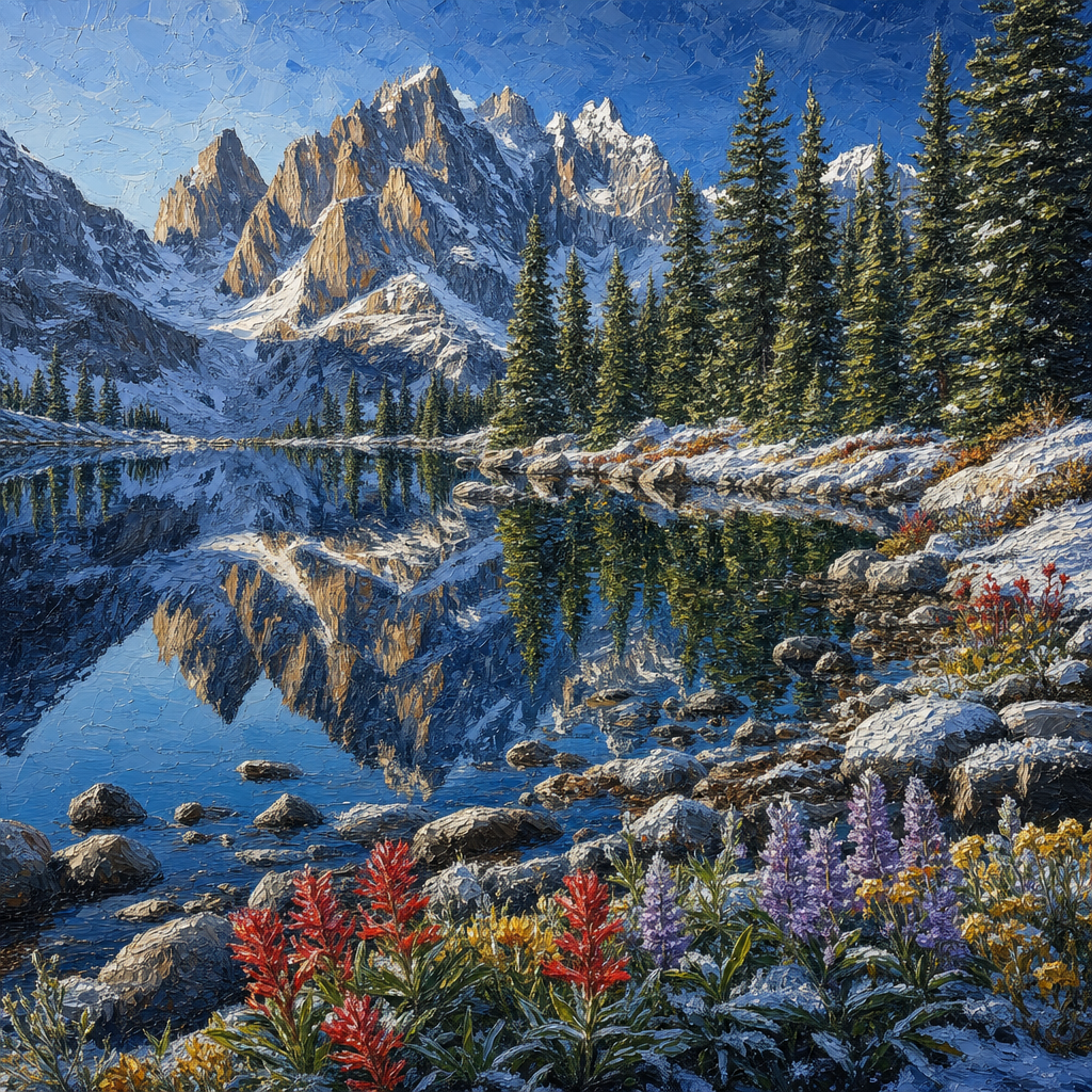 Oil Impasto of A mirror-calm alpine lake reflecting jagged peaks, pine forest and scattered wildflowers on shore, in clear winter light with cool shadows and frost details. Square 1:1 composition, edge-to-edge detail, no large uniform or empty areas, high local color contrast in every region -- image will be cut into a 5x5 grid puzzle.