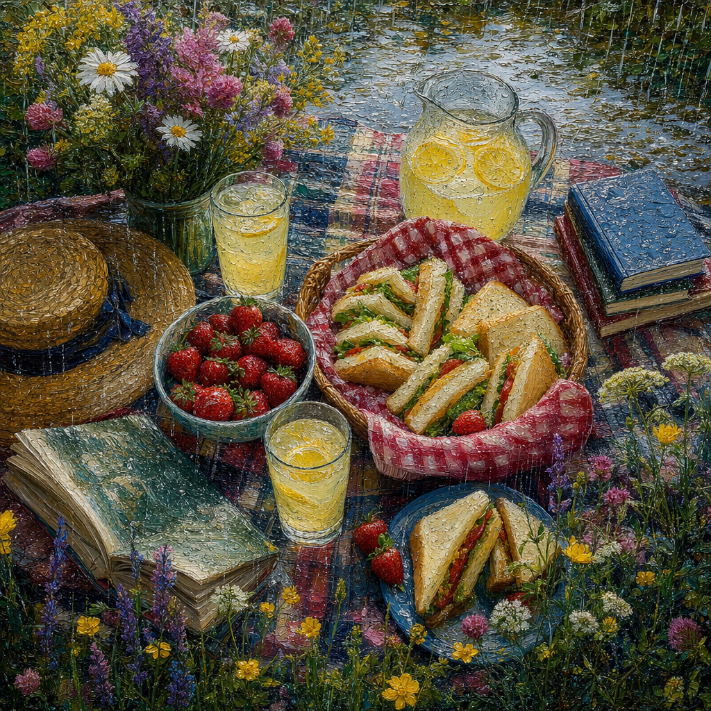 Oil Impasto of An overhead picnic: sandwiches, lemonade, strawberries, books and wildflowers on plaid, in gentle rain with glistening reflections everywhere. Square 1:1 composition, edge-to-edge detail, no large uniform or empty areas, high local color contrast in every region -- image will be cut into a 5x5 grid puzzle.