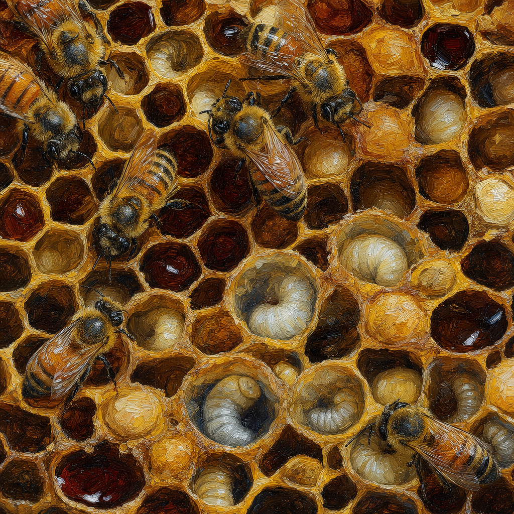 Oil Impasto of A macro view inside a beehive: honeycomb cells, worker bees, honey and larvae chambers, in a rare quiet moment, softly and evenly lit. Square 1:1 composition, edge-to-edge detail, no large uniform or empty areas, high local color contrast in every region -- image will be cut into a 5x5 grid puzzle.