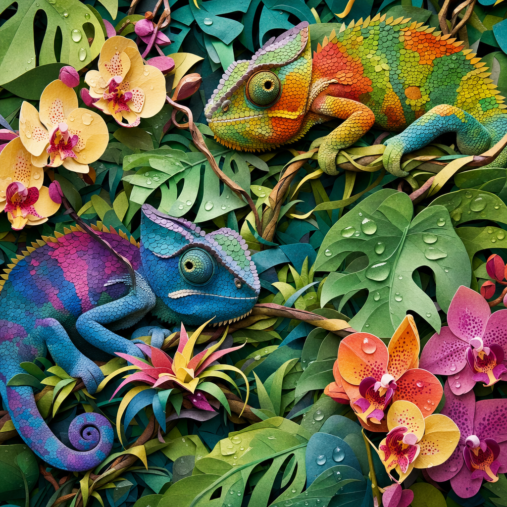Paper Cutout of Chameleons in mid-color-change among orchids, vines and rain-slicked jungle leaves, tucked away and secretive, discovered by soft light. Square 1:1 composition, edge-to-edge detail, no large uniform or empty areas, high local color contrast in every region -- image will be cut into a 5x5 grid puzzle.
