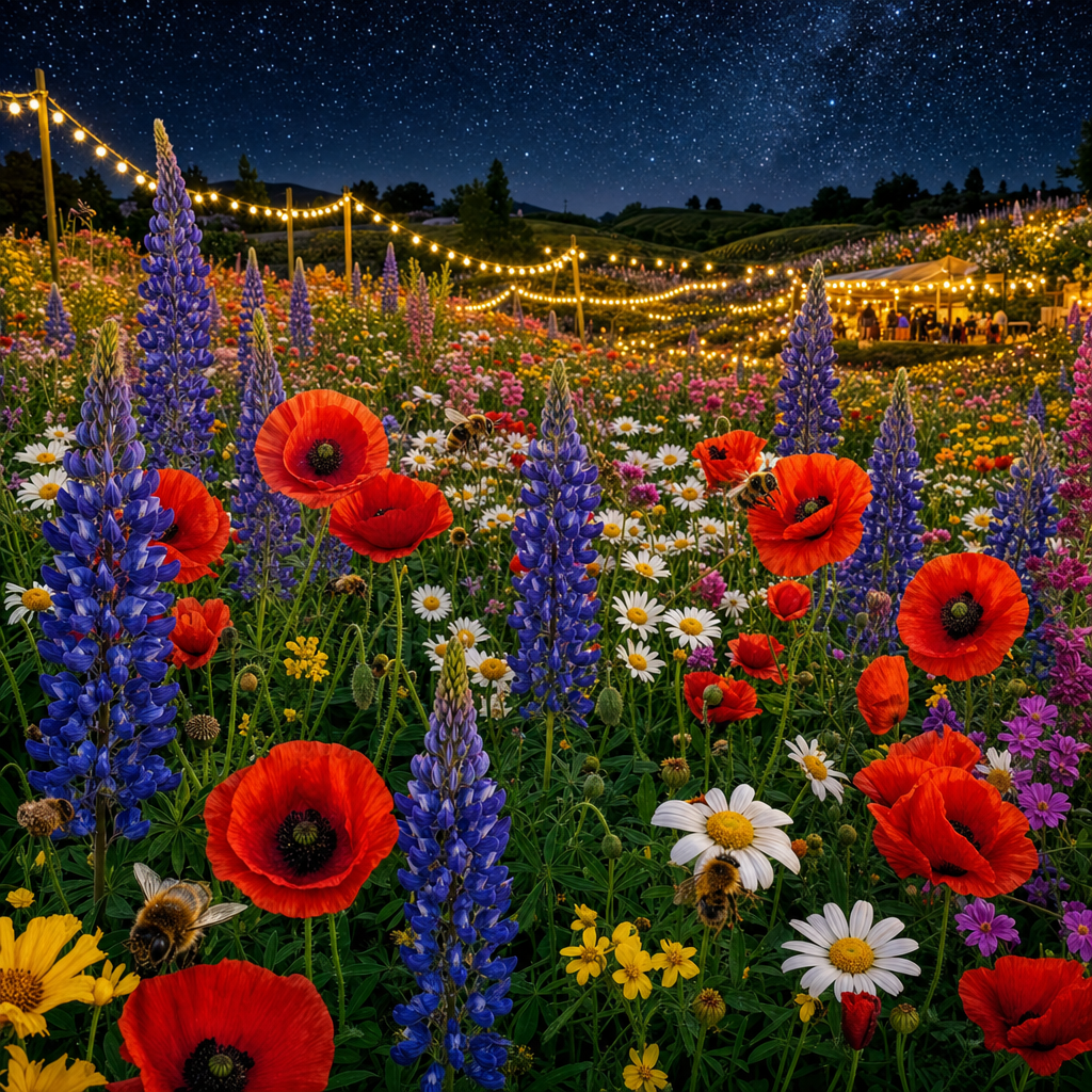 Vivid Photography of A meadow overflowing with poppies, lupines, daisies and bees, rolling hills behind, at night lit by strings of festival lights. Square 1:1 composition, edge-to-edge detail, no large uniform or empty areas, high local color contrast in every region -- image will be cut into a 5x5 grid puzzle.
