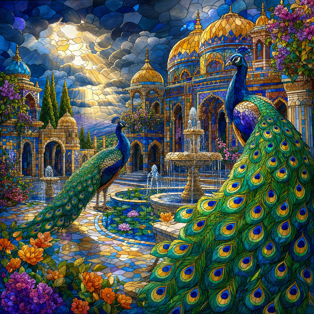 Stained Glass of Peacocks displaying iridescent tails in a palace courtyard with tiles and fountains, under dramatic storm clouds with breaks of brilliant sun. Square 1:1 composition, edge-to-edge detail, no large uniform or empty areas, high local color contrast in every region -- image will be cut into a 5x5 grid puzzle.