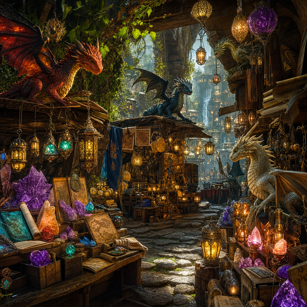 Vivid Photography of A fantasy market where small dragons perch on stalls selling crystals, maps and lanterns, tucked away and secretive, discovered by soft light. Square 1:1 composition, edge-to-edge detail, no large uniform or empty areas, high local color contrast in every region -- image will be cut into a 5x5 grid puzzle.