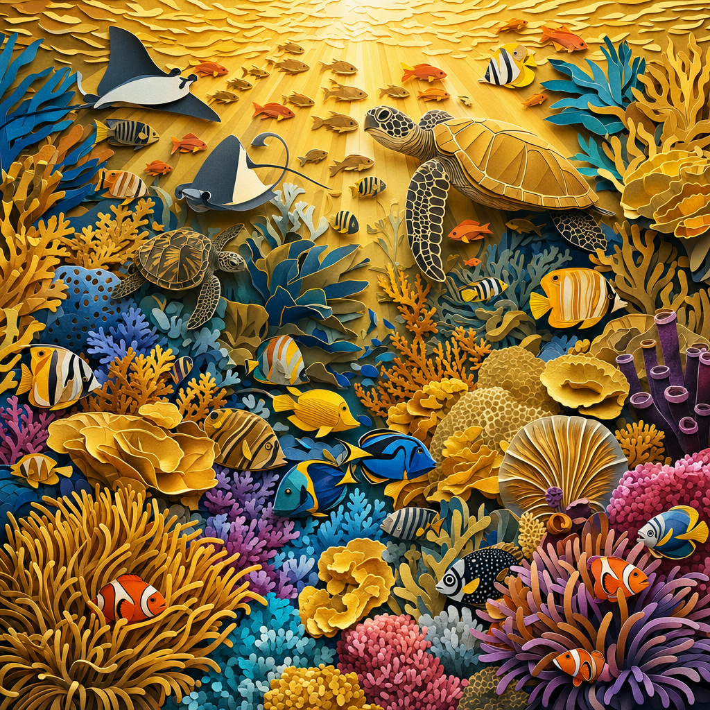 Paper Cutout of A dense coral reef teeming with tropical fish, sea turtles, anemones and rays of light, rendered in rich golden tones. Square 1:1 composition, edge-to-edge detail, no large uniform or empty areas, high local color contrast in every region -- image will be cut into a 5x5 grid puzzle.