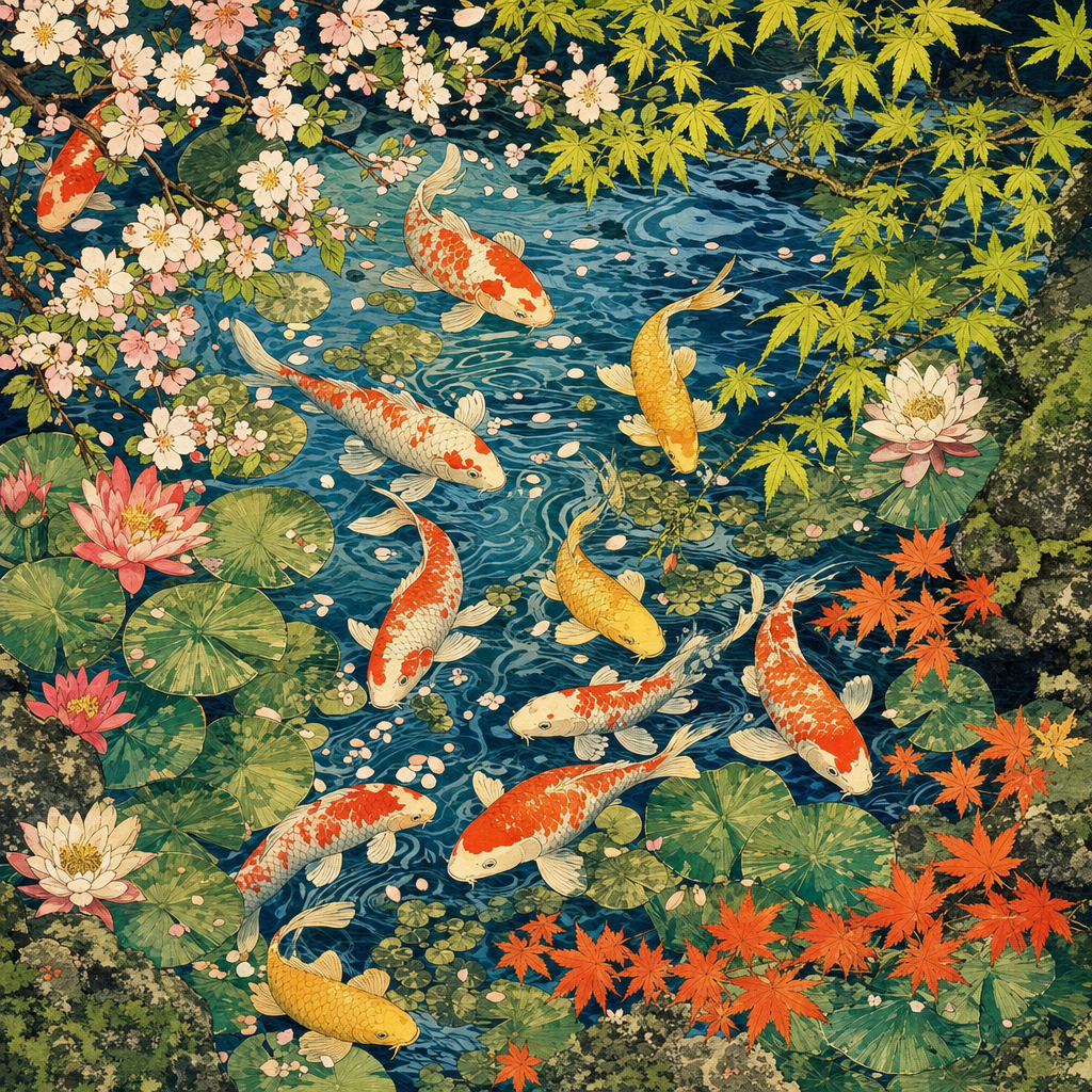 Ukiyo-e Woodblock of An overhead view of a koi pond with orange, white and gold fish, lilies and maple leaves, in fresh spring light with blossoms and new green. Square 1:1 composition, edge-to-edge detail, no large uniform or empty areas, high local color contrast in every region -- image will be cut into a 5x5 grid puzzle.