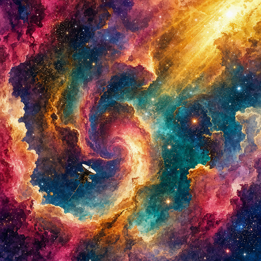 Watercolor of A swirling nebula in magenta, teal and gold with star clusters and a tiny probe, flooded with warm slanting sunlight. Square 1:1 composition, edge-to-edge detail, no large uniform or empty areas, high local color contrast in every region -- image will be cut into a 5x5 grid puzzle.