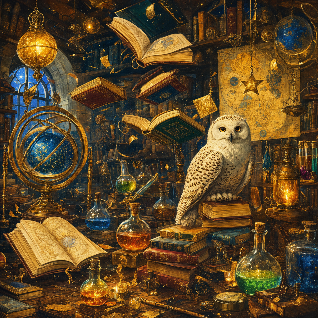 Gouache Storybook of A study of floating books, bubbling flasks, celestial maps and a familiar owl, rendered in rich golden tones. Square 1:1 composition, edge-to-edge detail, no large uniform or empty areas, high local color contrast in every region -- image will be cut into a 5x5 grid puzzle.