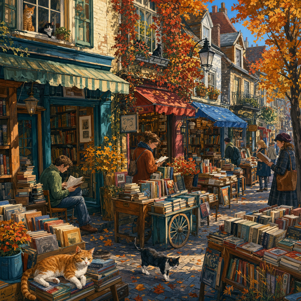 Gouache Storybook of A street of overflowing bookshops with outdoor carts, awnings, readers and cats in windows, in crisp autumn light with warm foliage accents. Square 1:1 composition, edge-to-edge detail, no large uniform or empty areas, high local color contrast in every region -- image will be cut into a 5x5 grid puzzle.