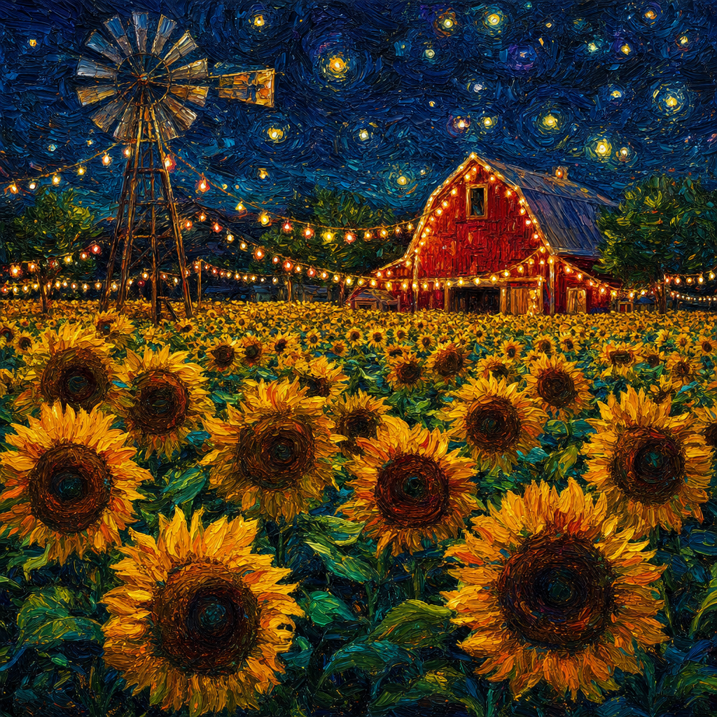 Oil Impasto of Thousands of sunflowers at full bloom facing the sun, a red barn and windmill among them, at night lit by strings of festival lights. Square 1:1 composition, edge-to-edge detail, no large uniform or empty areas, high local color contrast in every region -- image will be cut into a 5x5 grid puzzle.