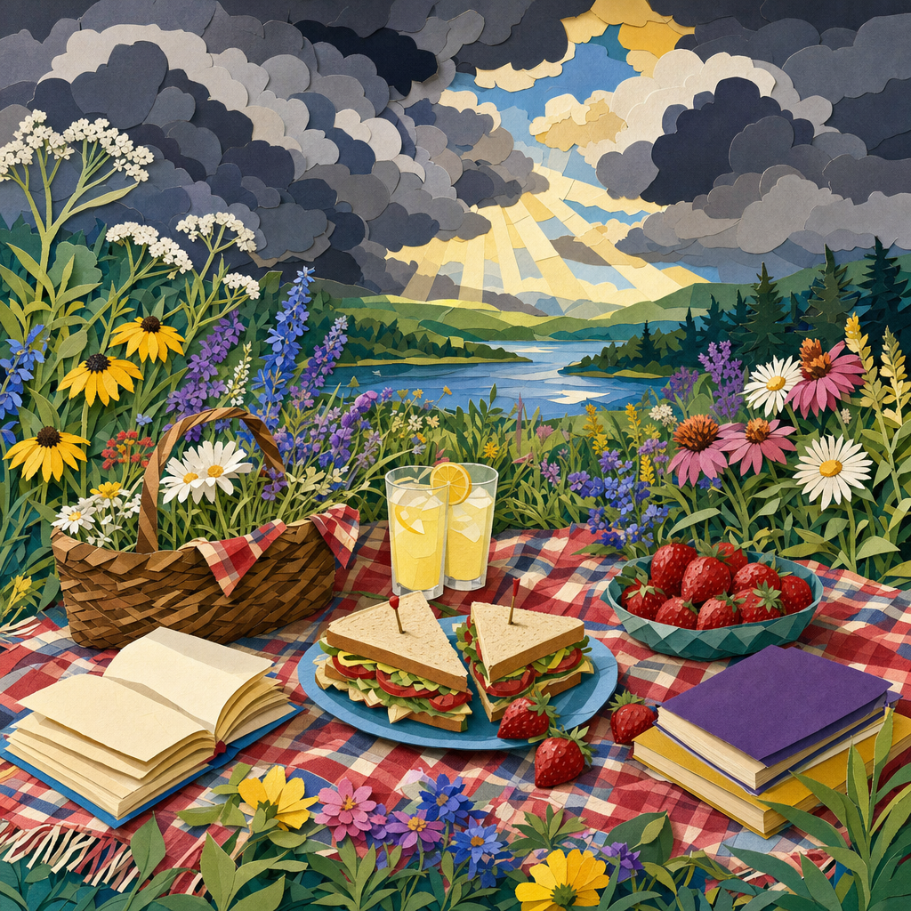 Paper Cutout of An overhead picnic: sandwiches, lemonade, strawberries, books and wildflowers on plaid, under dramatic storm clouds with breaks of brilliant sun. Square 1:1 composition, edge-to-edge detail, no large uniform or empty areas, high local color contrast in every region -- image will be cut into a 5x5 grid puzzle.