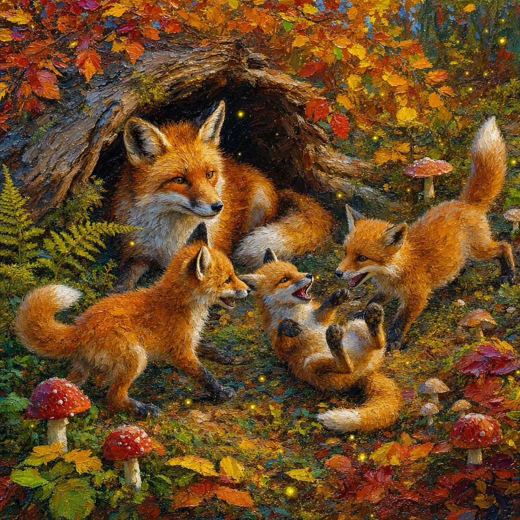 Oil Impasto of A family of red foxes playing outside their den among ferns, toadstools and fireflies, in crisp autumn light with warm foliage accents. Square 1:1 composition, edge-to-edge detail, no large uniform or empty areas, high local color contrast in every region -- image will be cut into a 5x5 grid puzzle.