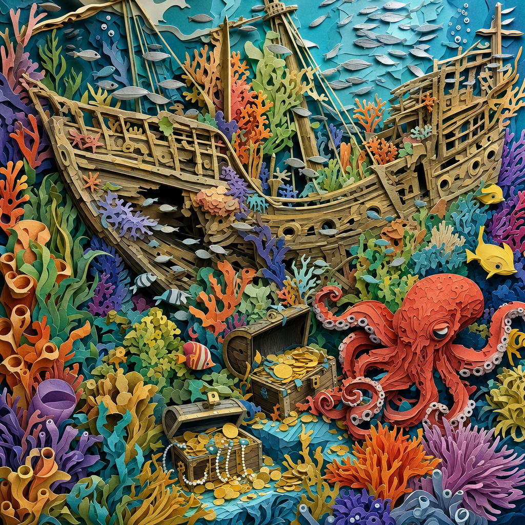Paper Cutout of A sunken ship overtaken by coral, schools of silver fish, an octopus and treasure chests, tucked away and secretive, discovered by soft light. Square 1:1 composition, edge-to-edge detail, no large uniform or empty areas, high local color contrast in every region -- image will be cut into a 5x5 grid puzzle.