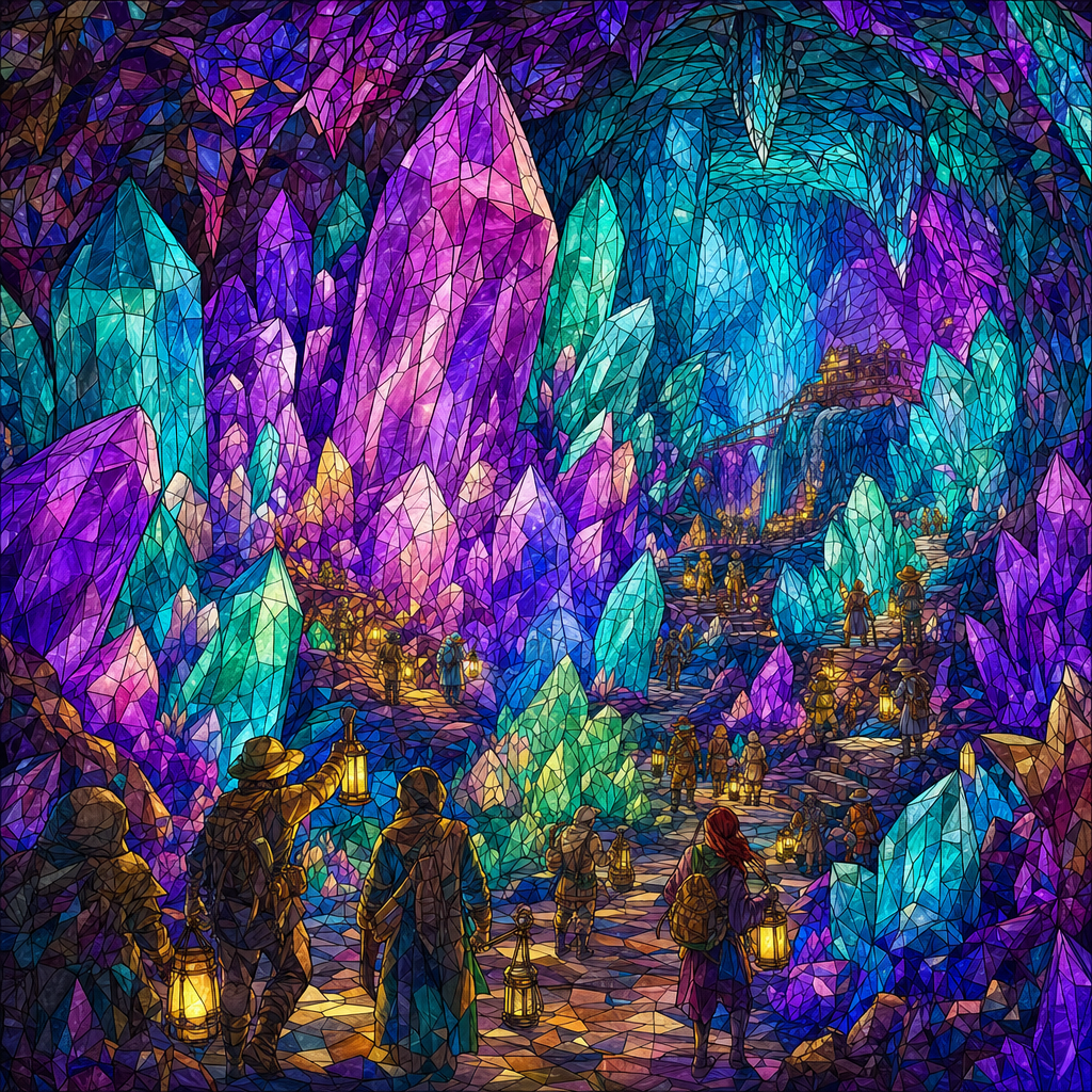 Stained Glass of A cavern of giant glowing crystals in purples and teals, explorers with lanterns below, at its busiest, packed with lively detail. Square 1:1 composition, edge-to-edge detail, no large uniform or empty areas, high local color contrast in every region -- image will be cut into a 5x5 grid puzzle.