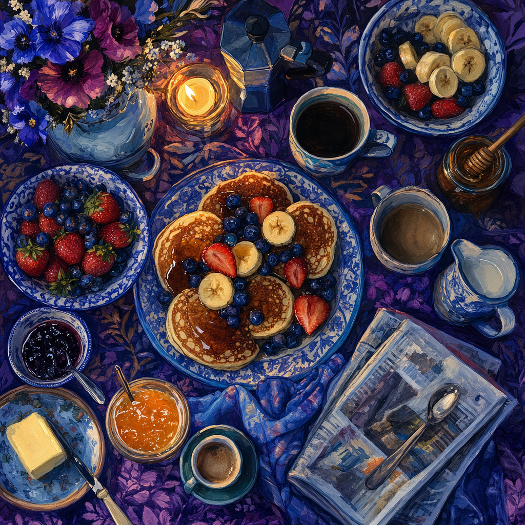 Gouache Storybook of An overhead breakfast of pancakes, fruit bowls, coffee, jams and folded newspapers, in moody twilight blues and purples. Square 1:1 composition, edge-to-edge detail, no large uniform or empty areas, high local color contrast in every region -- image will be cut into a 5x5 grid puzzle.