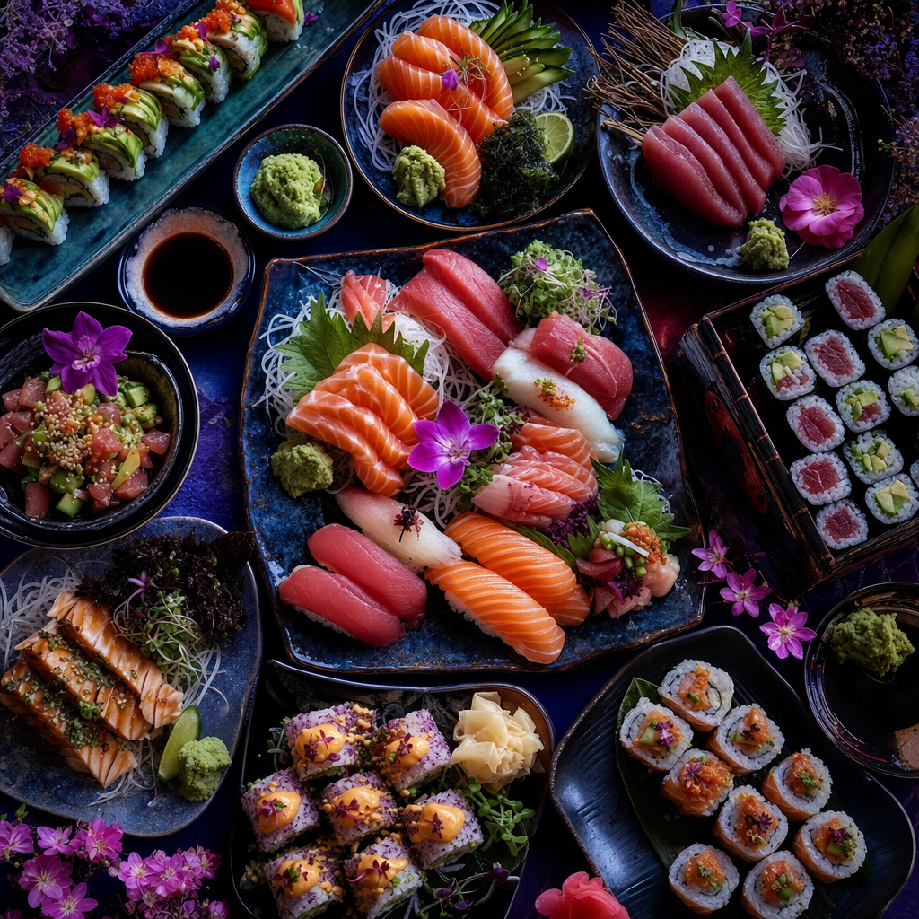 Vivid Photography of An overhead spread of sushi rolls, sashimi, wasabi, pickled ginger and lacquer trays, in moody twilight blues and purples. Square 1:1 composition, edge-to-edge detail, no large uniform or empty areas, high local color contrast in every region -- image will be cut into a 5x5 grid puzzle.