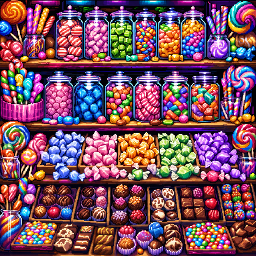 Pixel Art of Rows of jarred candies, lollipops, taffy and chocolates in saturated colors, accented with vivid neon color highlights. Square 1:1 composition, edge-to-edge detail, no large uniform or empty areas, high local color contrast in every region -- image will be cut into a 5x5 grid puzzle.