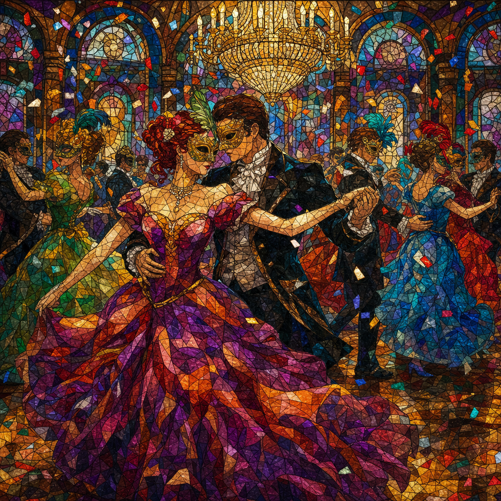 Stained Glass of A ballroom of dancers in ornate masks, chandeliers, confetti and swirling gowns, aged and weathered with rich patina and warm light. Square 1:1 composition, edge-to-edge detail, no large uniform or empty areas, high local color contrast in every region -- image will be cut into a 5x5 grid puzzle.