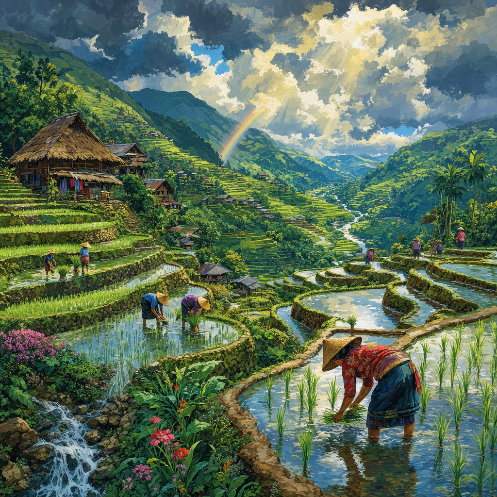 Gouache Storybook of Emerald rice terraces stepping down a mountainside, farmers and water reflections scattered throughout, under dramatic storm clouds with breaks of brilliant sun. Square 1:1 composition, edge-to-edge detail, no large uniform or empty areas, high local color contrast in every region -- image will be cut into a 5x5 grid puzzle.