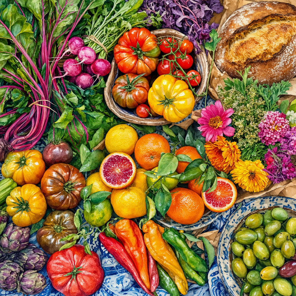Watercolor of A flat-lay of market produce: heirloom tomatoes, citrus, greens, flowers and bread, accented with vivid neon color highlights. Square 1:1 composition, edge-to-edge detail, no large uniform or empty areas, high local color contrast in every region -- image will be cut into a 5x5 grid puzzle.