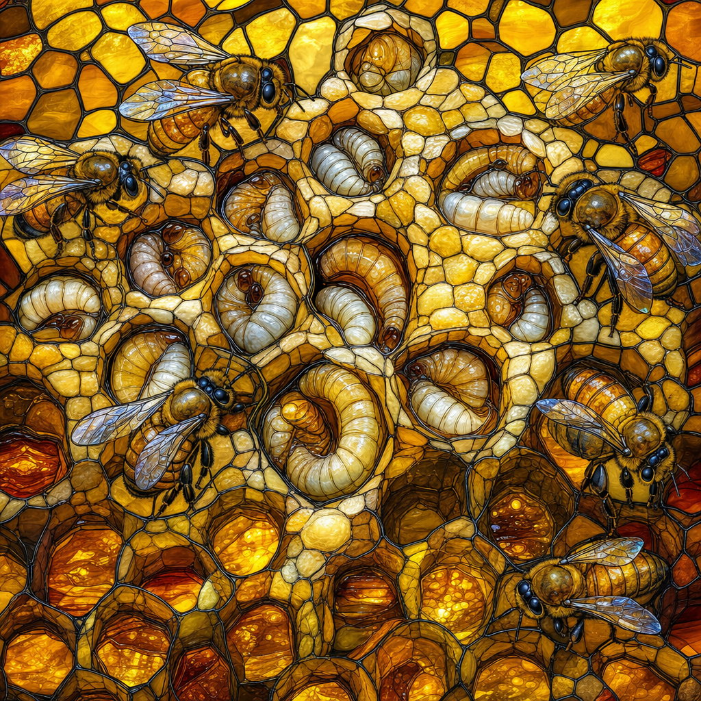 Stained Glass of A macro view inside a beehive: honeycomb cells, worker bees, honey and larvae chambers, rendered in rich golden tones. Square 1:1 composition, edge-to-edge detail, no large uniform or empty areas, high local color contrast in every region -- image will be cut into a 5x5 grid puzzle.