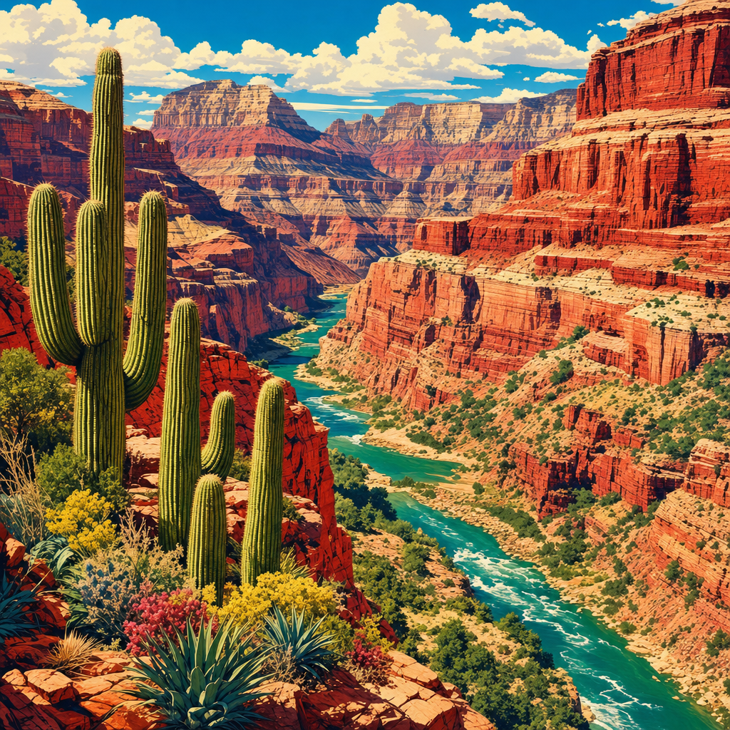 Retro Travel Poster of Layered red-rock canyon walls with striped sediment, cacti and a ribbon of river below, in bright high-summer sunshine and saturated color. Square 1:1 composition, edge-to-edge detail, no large uniform or empty areas, high local color contrast in every region -- image will be cut into a 5x5 grid puzzle.