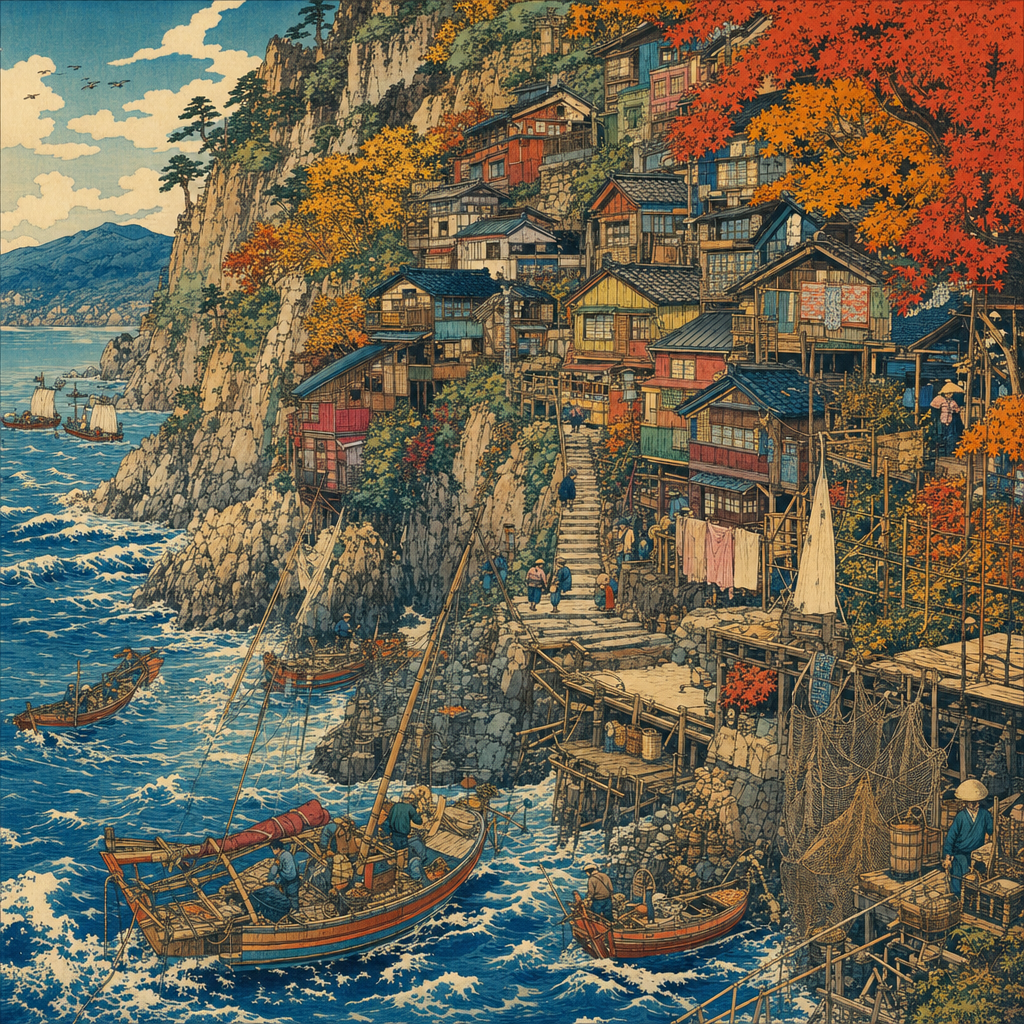 Ukiyo-e Woodblock of A cliffside fishing village with stacked colorful houses, nets, boats and winding stairs, in crisp autumn light with warm foliage accents. Square 1:1 composition, edge-to-edge detail, no large uniform or empty areas, high local color contrast in every region -- image will be cut into a 5x5 grid puzzle.