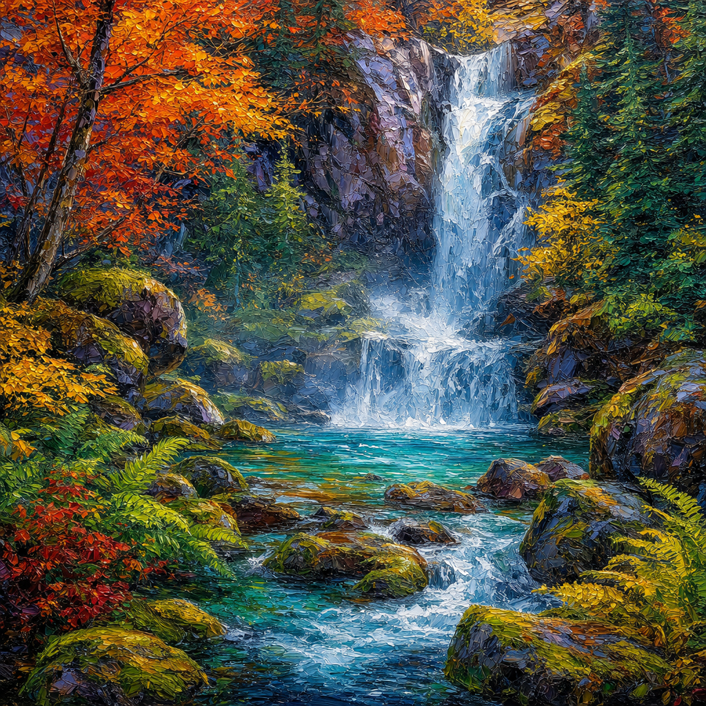 Oil Impasto of A waterfall tumbling into a turquoise pool ringed by mossy boulders, ferns and mist, in crisp autumn light with warm foliage accents. Square 1:1 composition, edge-to-edge detail, no large uniform or empty areas, high local color contrast in every region -- image will be cut into a 5x5 grid puzzle.