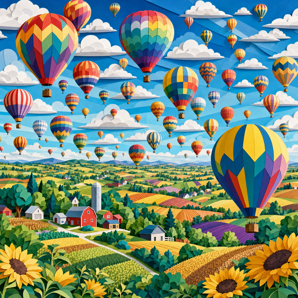 Paper Cutout of Dozens of hot air balloons at every height over patchwork farmland, in bright high-summer sunshine and saturated color. Square 1:1 composition, edge-to-edge detail, no large uniform or empty areas, high local color contrast in every region -- image will be cut into a 5x5 grid puzzle.