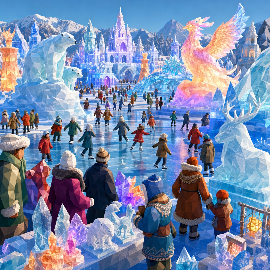 Low-Poly 3D of An ice festival of carved glowing sculptures, skaters and fur-hatted crowds, in clear winter light with cool shadows and frost details. Square 1:1 composition, edge-to-edge detail, no large uniform or empty areas, high local color contrast in every region -- image will be cut into a 5x5 grid puzzle.