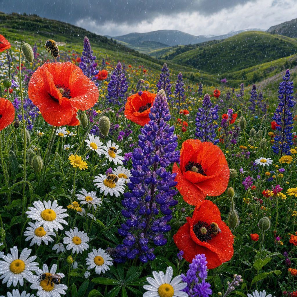 Vivid Photography of A meadow overflowing with poppies, lupines, daisies and bees, rolling hills behind, in gentle rain with glistening reflections everywhere. Square 1:1 composition, edge-to-edge detail, no large uniform or empty areas, high local color contrast in every region -- image will be cut into a 5x5 grid puzzle.
