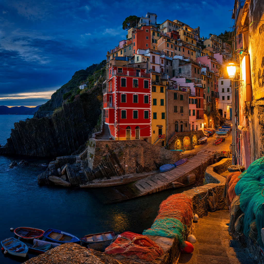 Vivid Photography of A cliffside fishing village with stacked colorful houses, nets, boats and winding stairs, at deep blue dusk with the first lights glowing. Square 1:1 composition, edge-to-edge detail, no large uniform or empty areas, high local color contrast in every region -- image will be cut into a 5x5 grid puzzle.